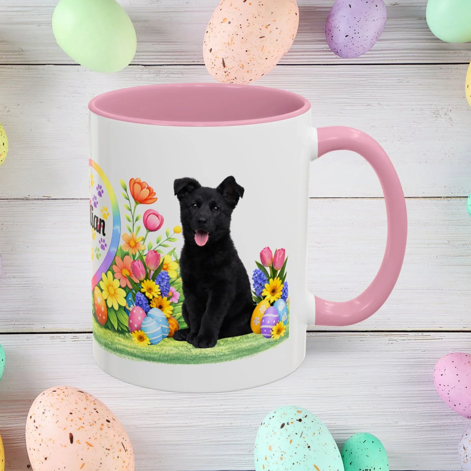 Shop our german shepherd black puppy easter mug featuring the 11oz style option from MySisterIsASurvivor.