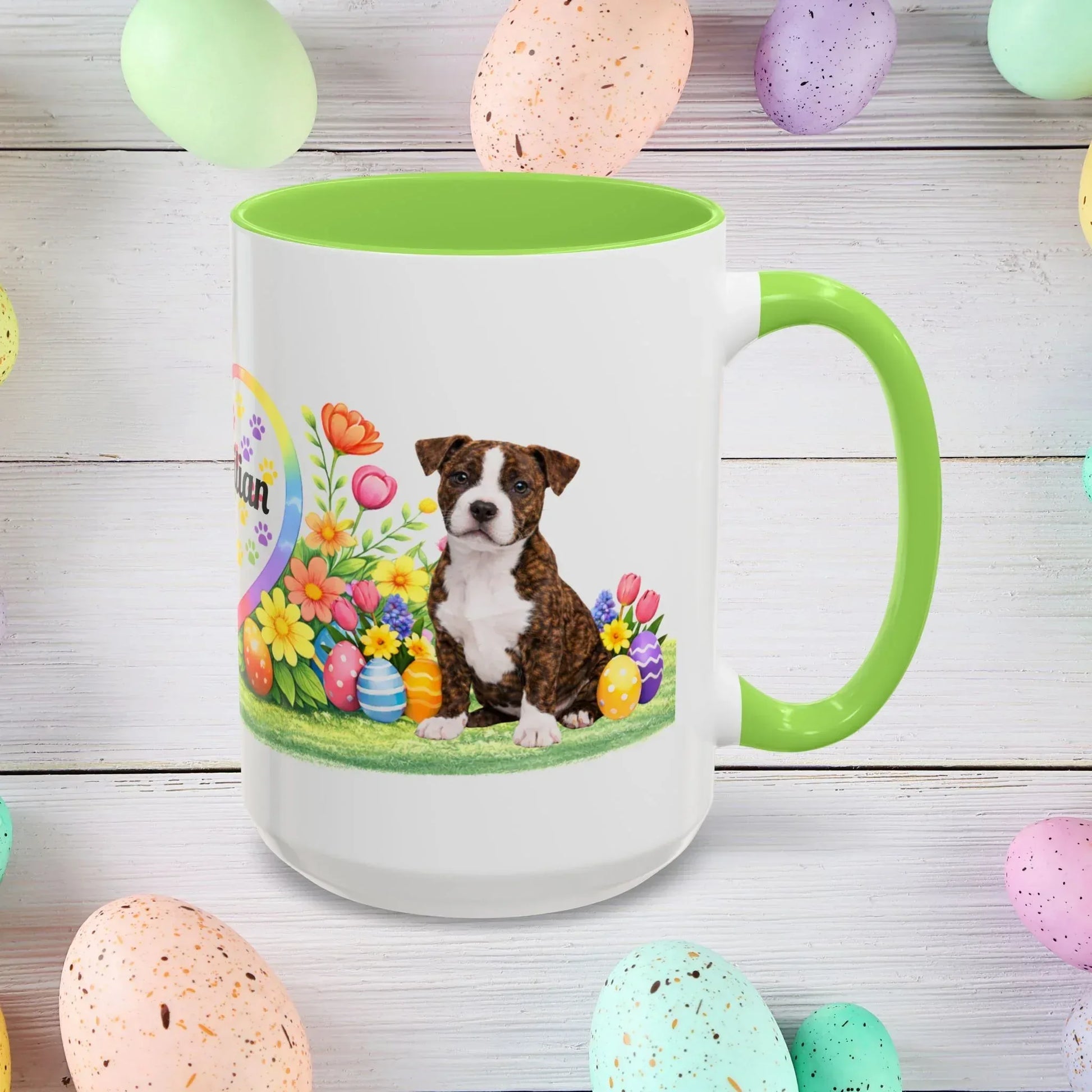 Shop our pitbull brindle white puppy easter mug featuring the 15oz style option from MySisterIsASurvivor.