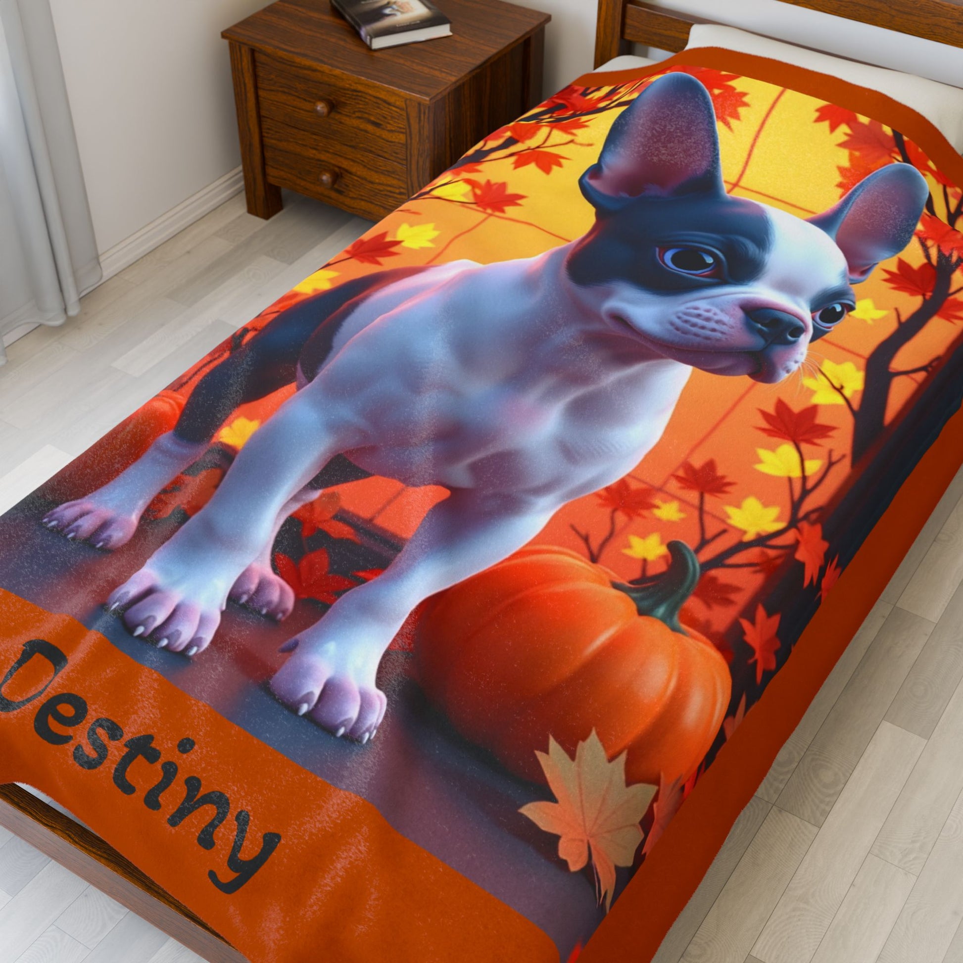 Blue Pied French Bulldog velveteen plush blanket, soft personalized dog throw for Frenchie fans - MySisterIsASurvivor