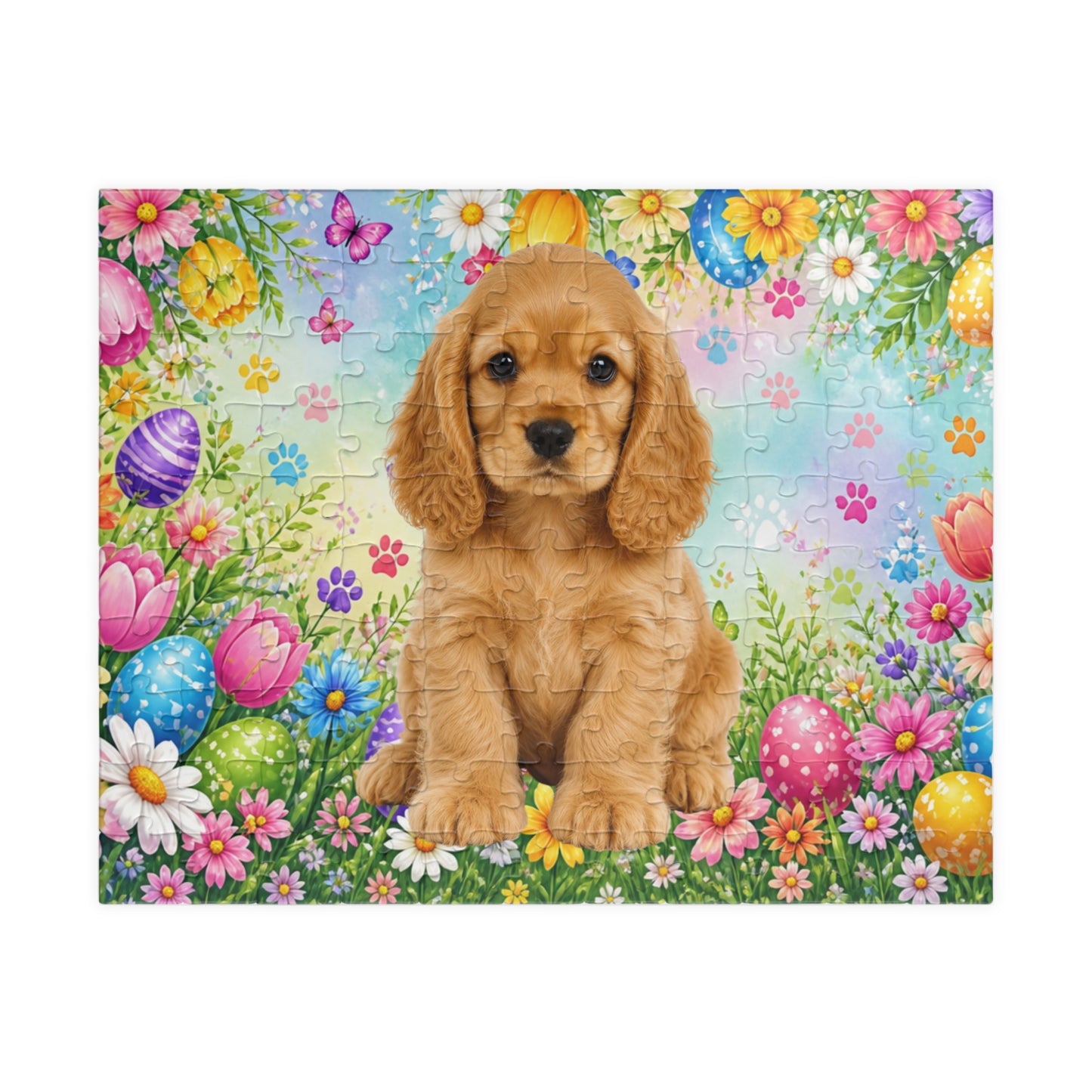 American Cocker Spaniel (Golden) Easter Puppy Puzzle - Spring Garden with Eggs, Tulips, and Daisies
