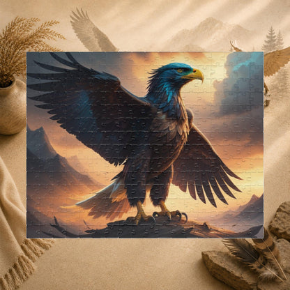 Wingspan of Strength - Full-Body Eagle Puzzle with Wings Spread Wide on Golden Stormy Sky Background