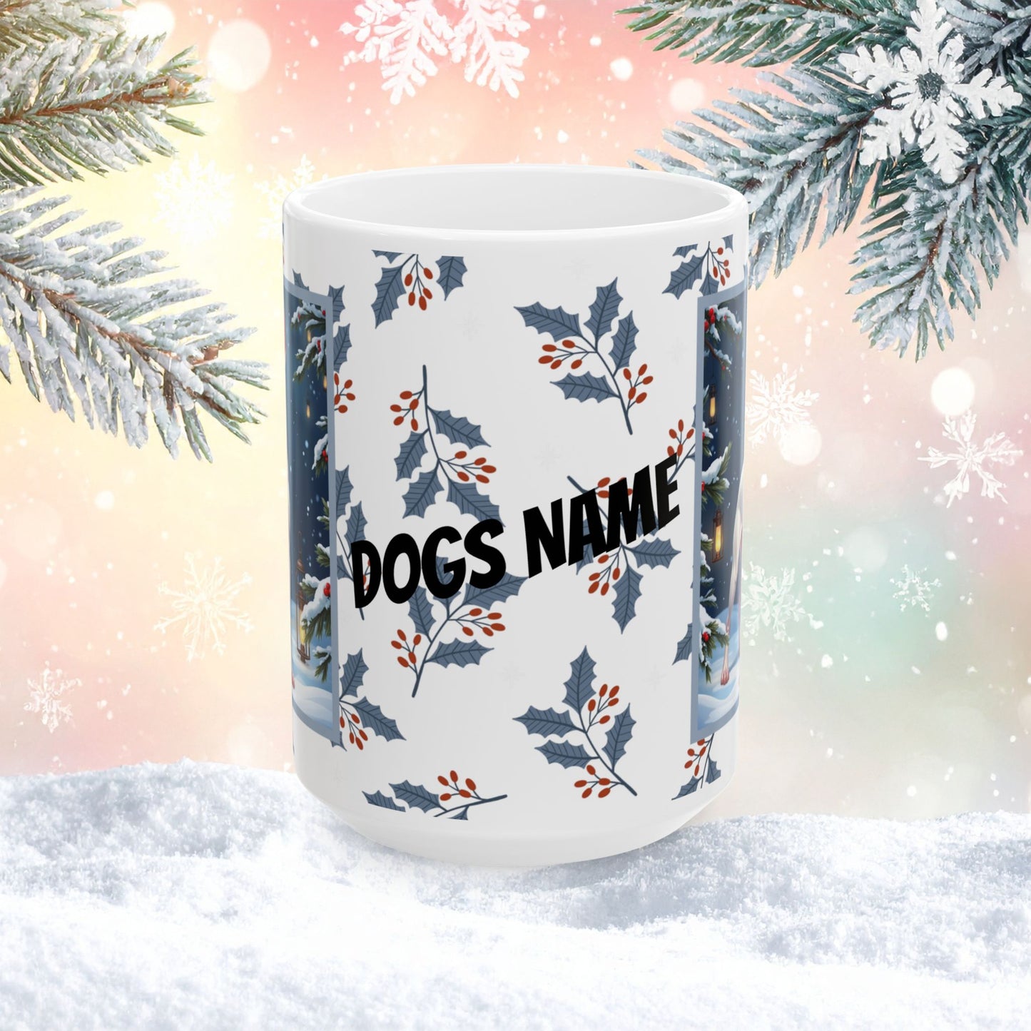 Doberman (White) Winter Mug - white Doberman artwork standing in a snowy winter setting with soft seasonal details