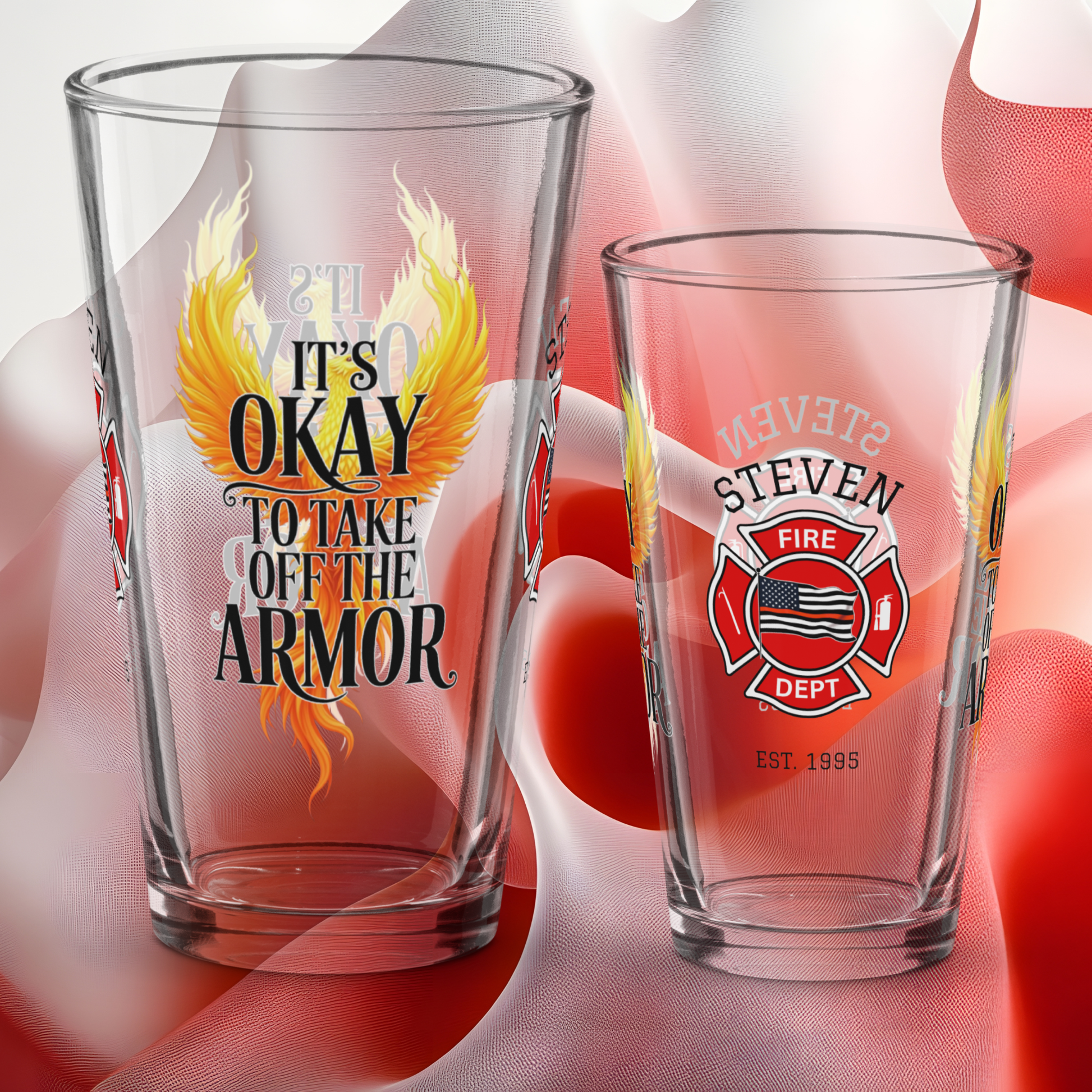 It’s Okay to Take Off the Armor firefighter pint glass promoting vulnerability and emotional healing