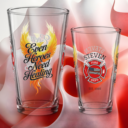 Even Heroes Need Healing firefighter pint glass supporting mental health and recovery for first responders
