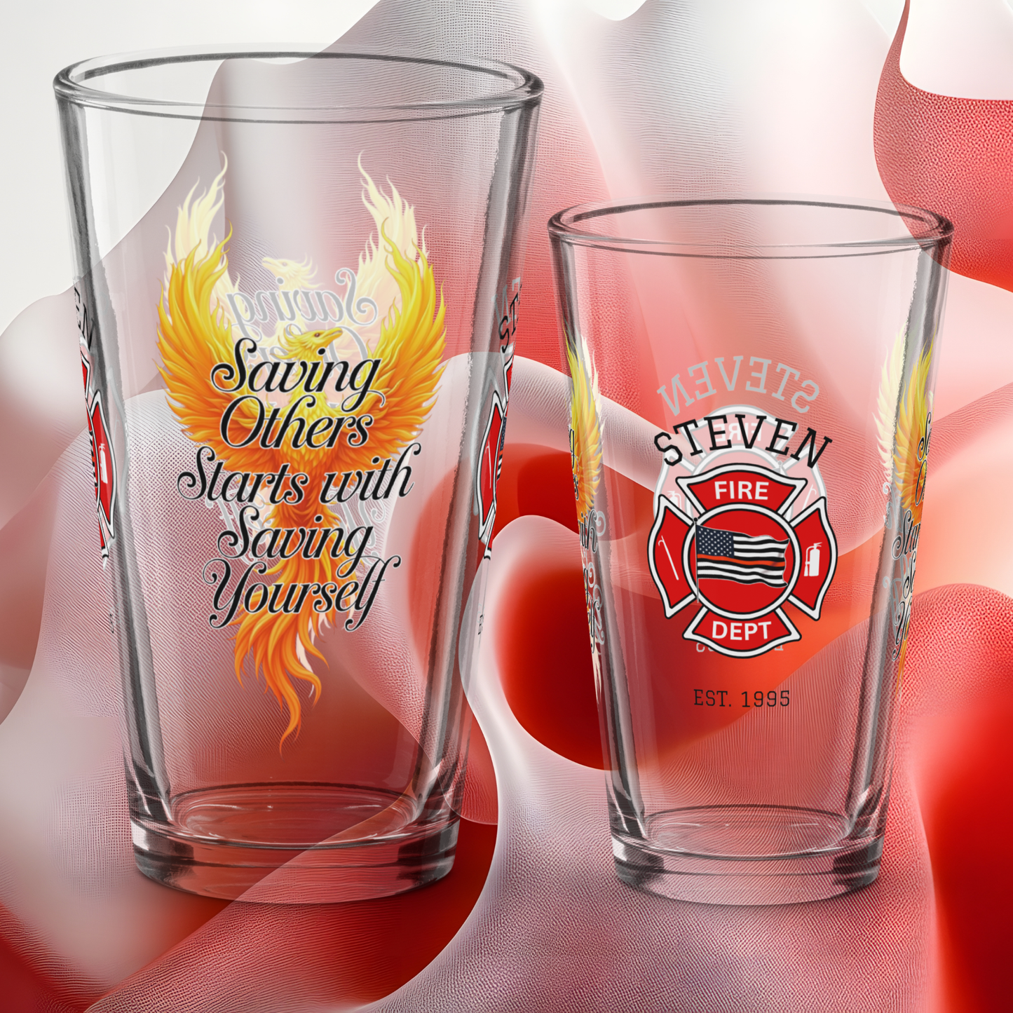 Saving Others Starts With Saving Yourself firefighter pint glass promoting firefighter self-care and healing