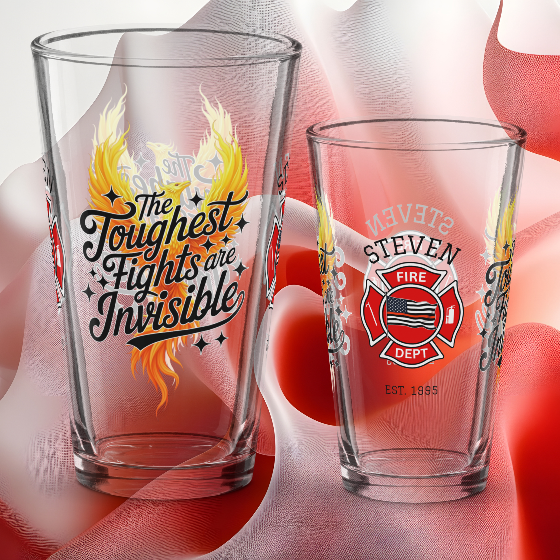 The Toughest Fights Are Invisible firefighter pint glass spreading PTSD and mental health awareness