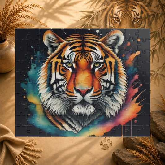 Jigsaw puzzle with a colorful tiger design on a black background