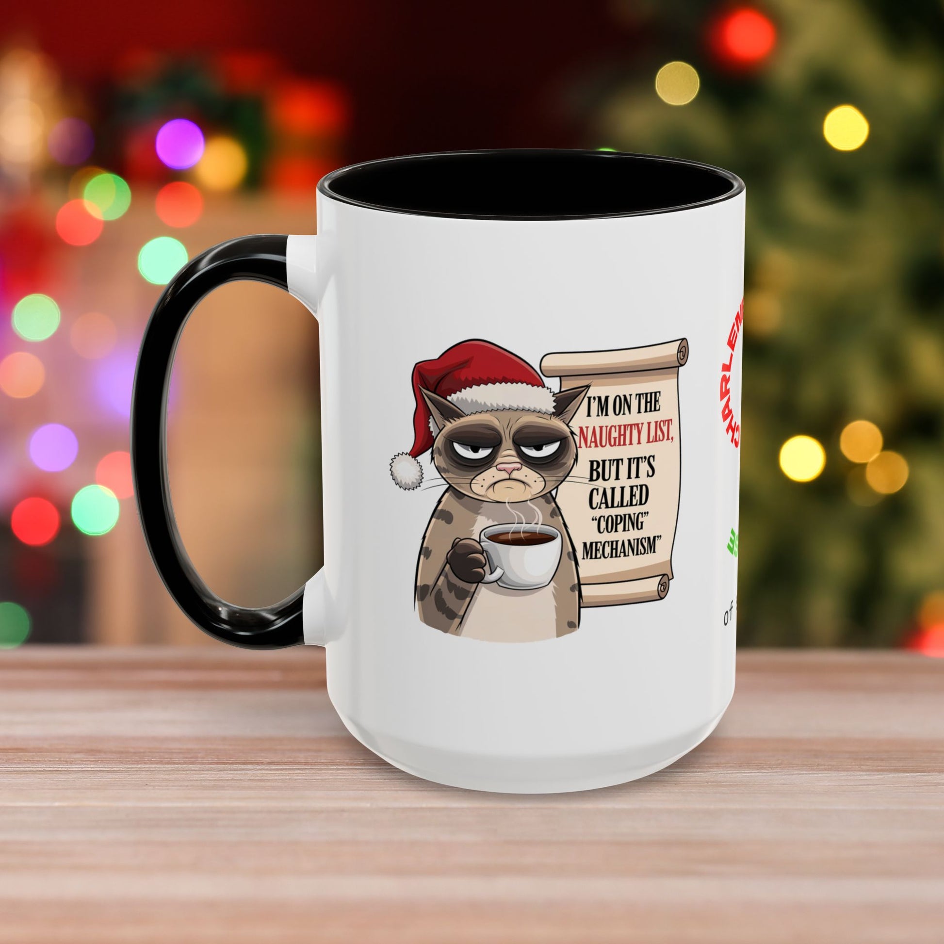 I'm On The Naughty List, But It's Called 'Coping Mechanism' - Christmas Mug with Cat Design and Accent Color