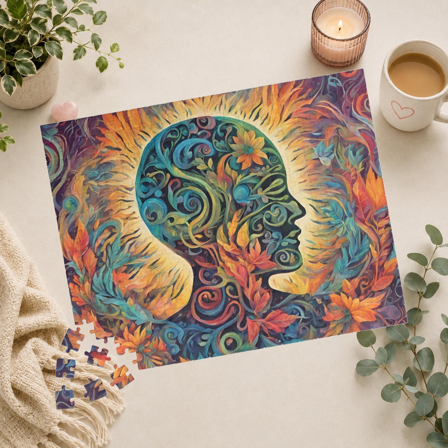 Healing the Soul - Mind-as-Garden Puzzle with Botanical Head Silhouette and Golden Halo on Autumn Leaves