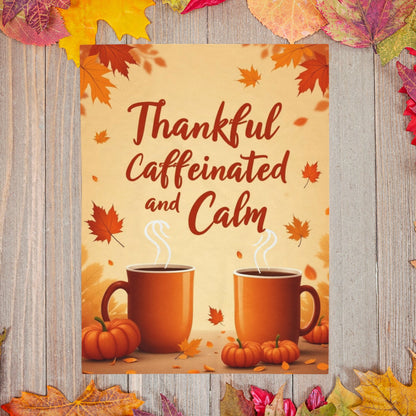Funny cozy blanket with “Thankful, Caffeinated, and Calm,” playful Thanksgiving coffee theme.