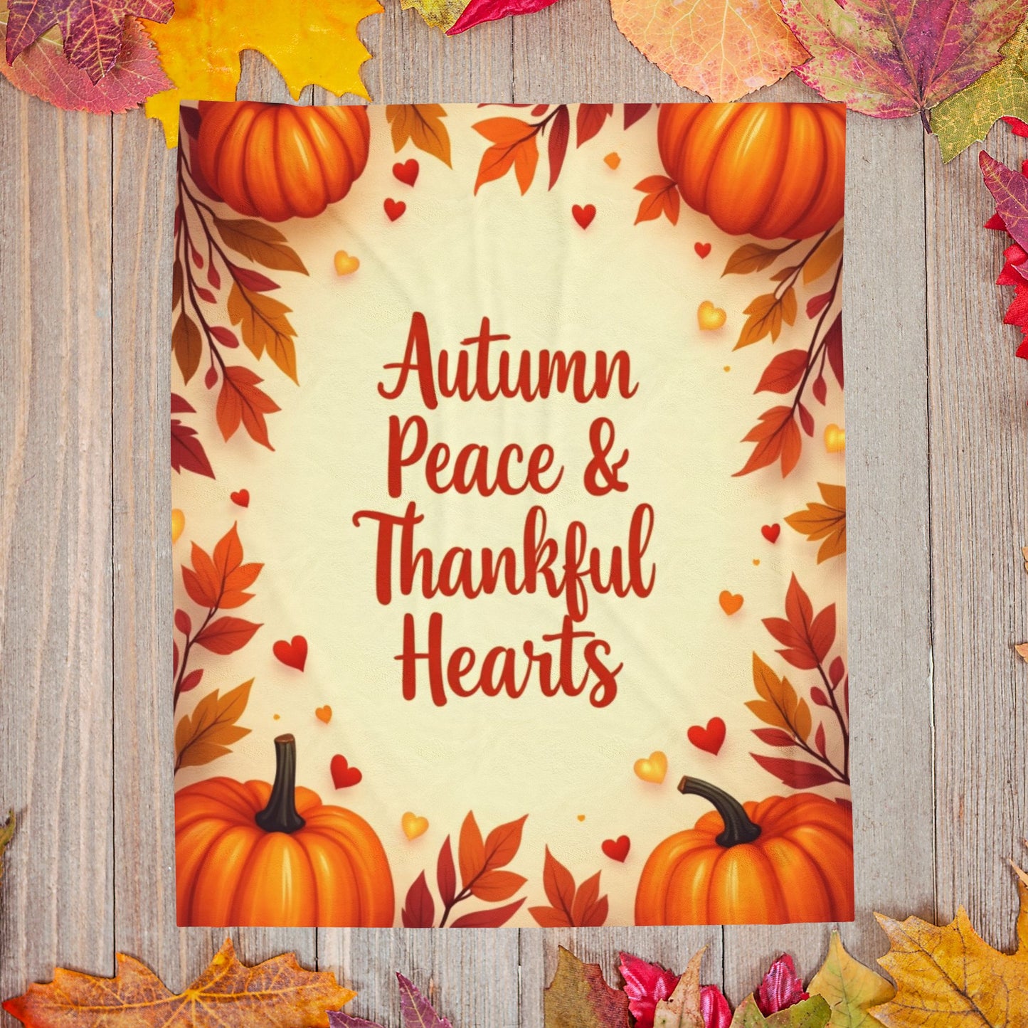 Thanksgiving blanket with “Autumn Peace & Thankful Hearts,” warm fall colors, peaceful cozy design.