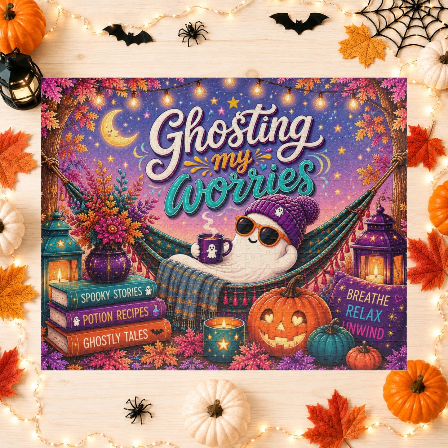 Ghosting My Worries Halloween Puzzle - Unbothered Ghost in Hammock with Breathe Relax Unwind Pillow