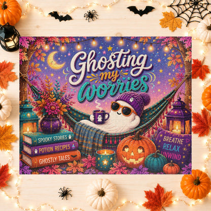 Ghosting My Worries Halloween Puzzle - Unbothered Ghost in Hammock with Breathe Relax Unwind Pillow