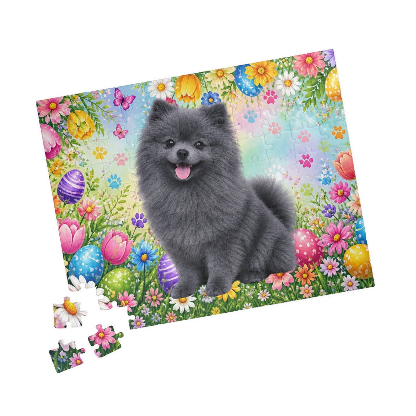 Pomeranian (Blue) Easter Puppy Puzzle - Spring Garden with Eggs, Tulips, and Daisies