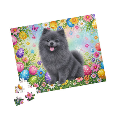 Pomeranian (Blue) Easter Puppy Puzzle - Spring Garden with Eggs, Tulips, and Daisies