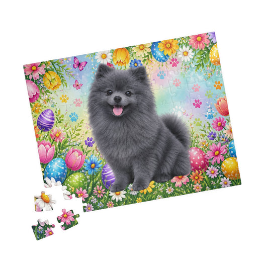 Pomeranian (Blue) Easter Puppy Puzzle - Spring Garden with Eggs, Tulips, and Daisies