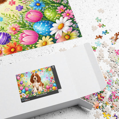 American Cocker Spaniel (Red & White) Easter Puppy Puzzle - Spring Garden with Eggs, Tulips, and Daisies