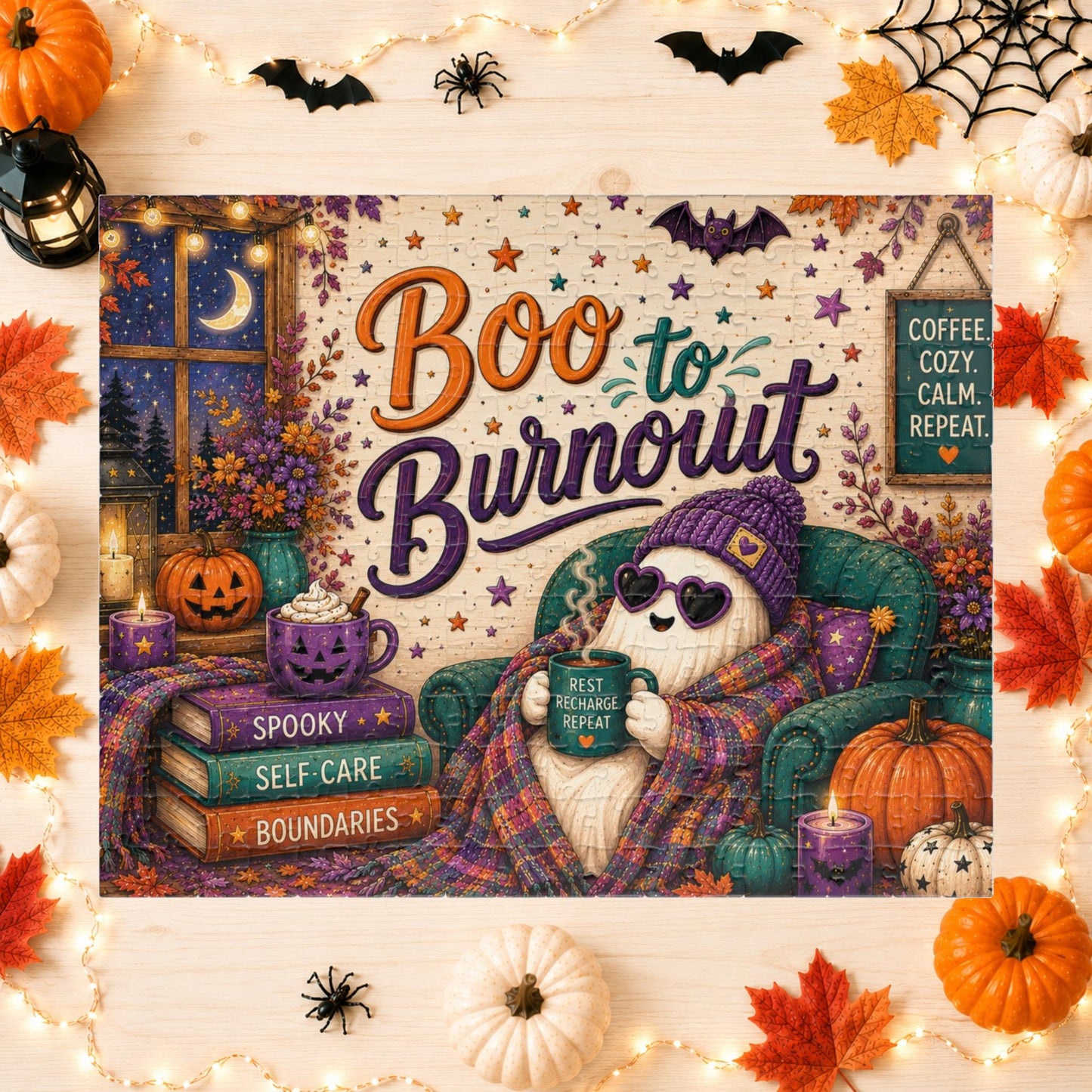 Boo to Burnout Halloween Puzzle - Ghost in Beanie with Rest Recharge Repeat Mug and Self-Care Books