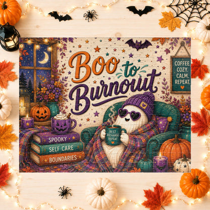Boo to Burnout Halloween Puzzle - Ghost in Beanie with Rest Recharge Repeat Mug and Self-Care Books