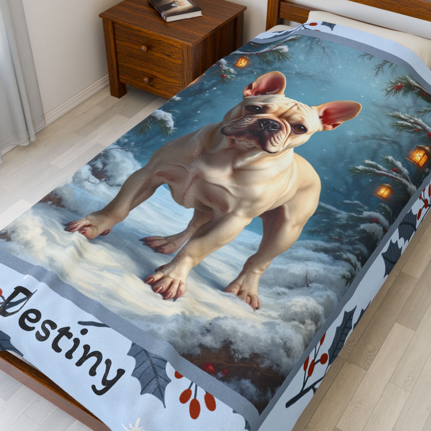 French Bulldog Cream personalized winter throw with soft Frenchie artwork and glowing snow-covered lodge details