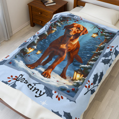 Labrador Retriever Fox Red custom winter blanket featuring a fox red Lab in a glowing winter lodge illustration