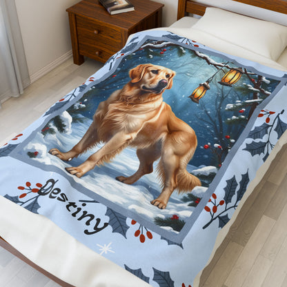 Golden Retriever Cream personalized winter throw featuring a smiling Golden Retriever in cozy snowy lodge décor