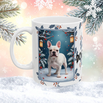 French Bulldog (White) Winter Mug - white French Bulldog illustrated standing in a crisp winter scene with soft snow