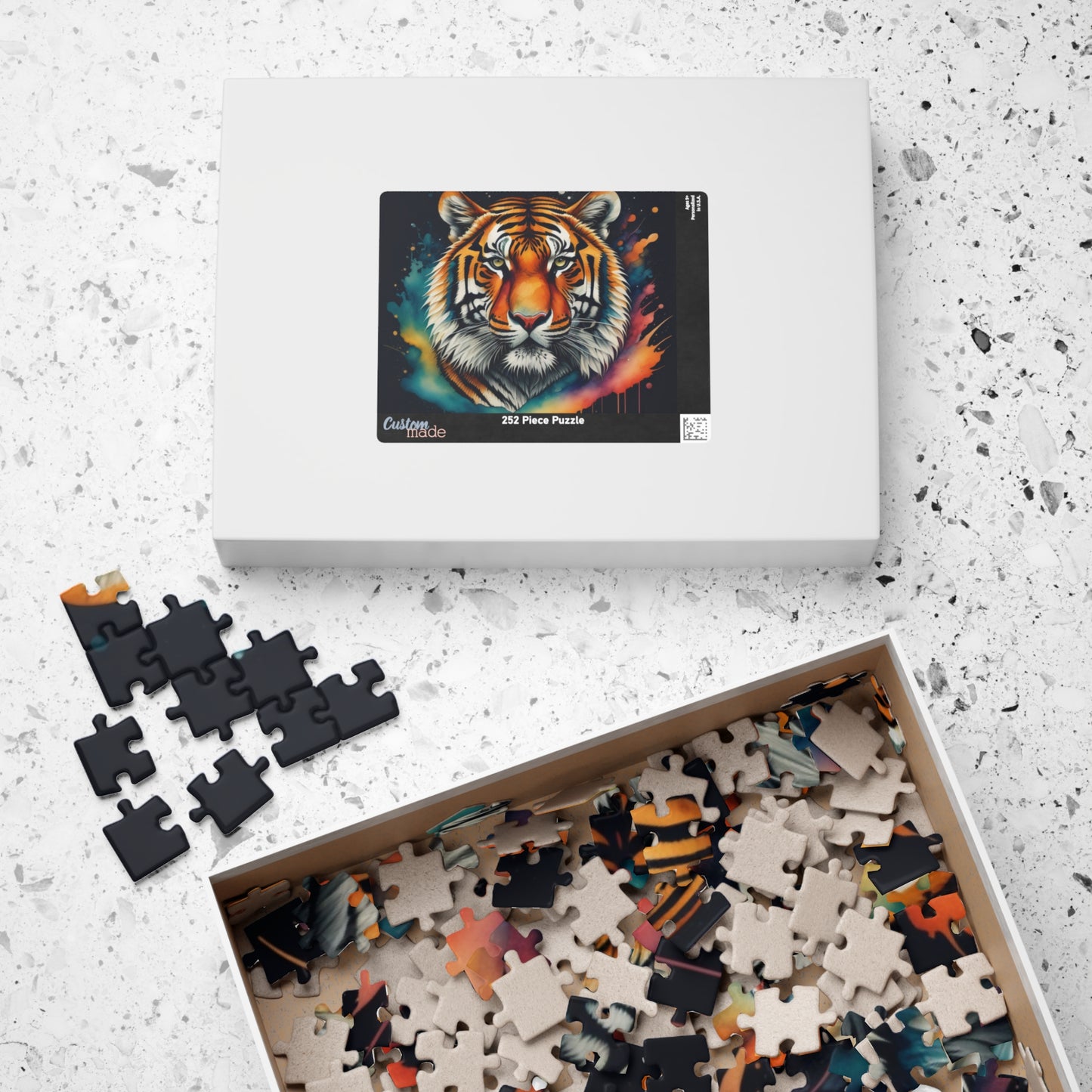 Tiger Tranquility - Front-Facing Tiger Puzzle with Cosmic Teal and Orange Splashes on Dark Background