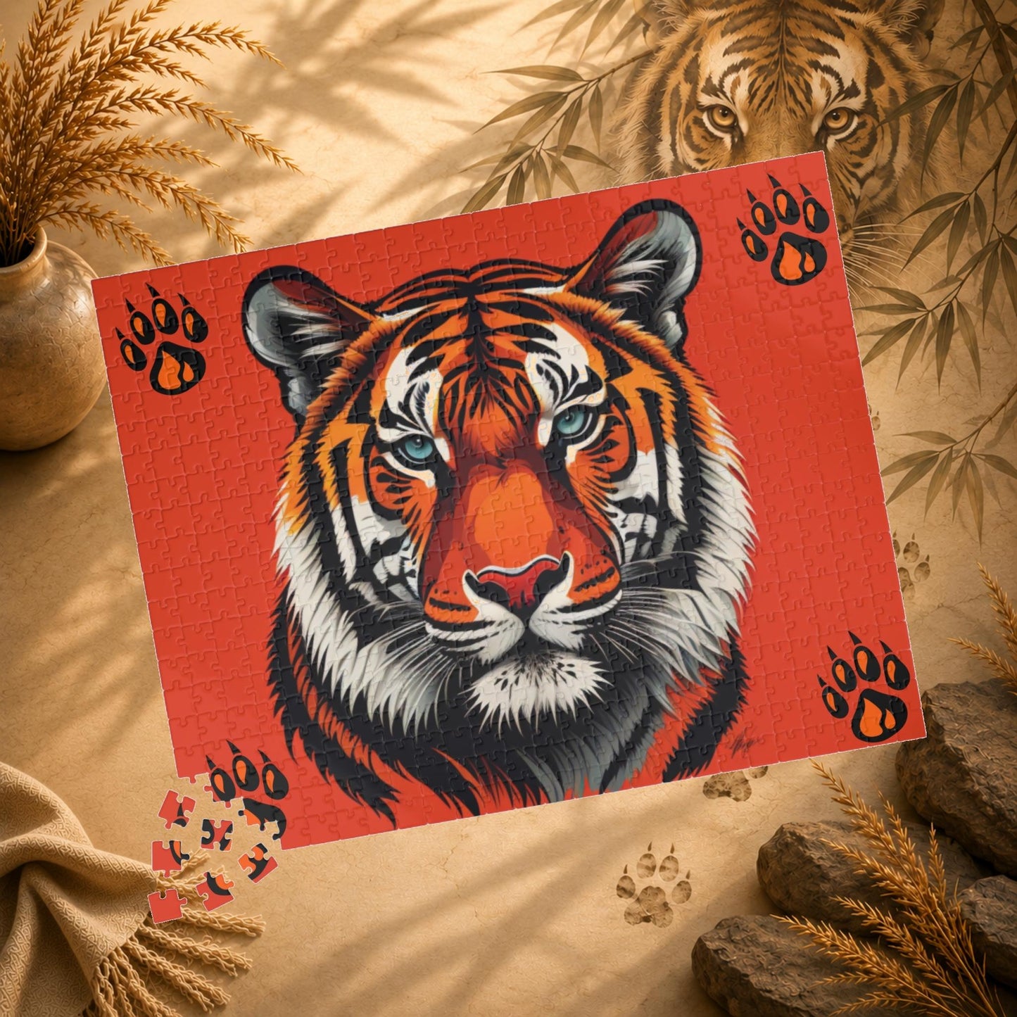 Wild Resilience - Tiger Portrait Puzzle with Paw Prints on Bold Red Background