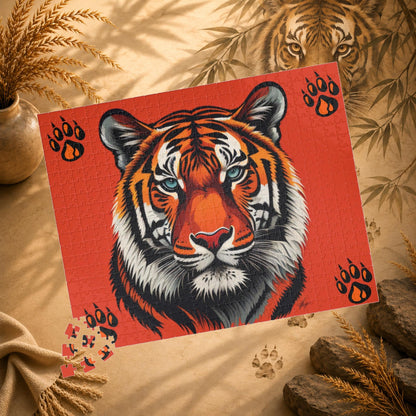 Wild Resilience - Tiger Portrait Puzzle with Paw Prints on Bold Red Background