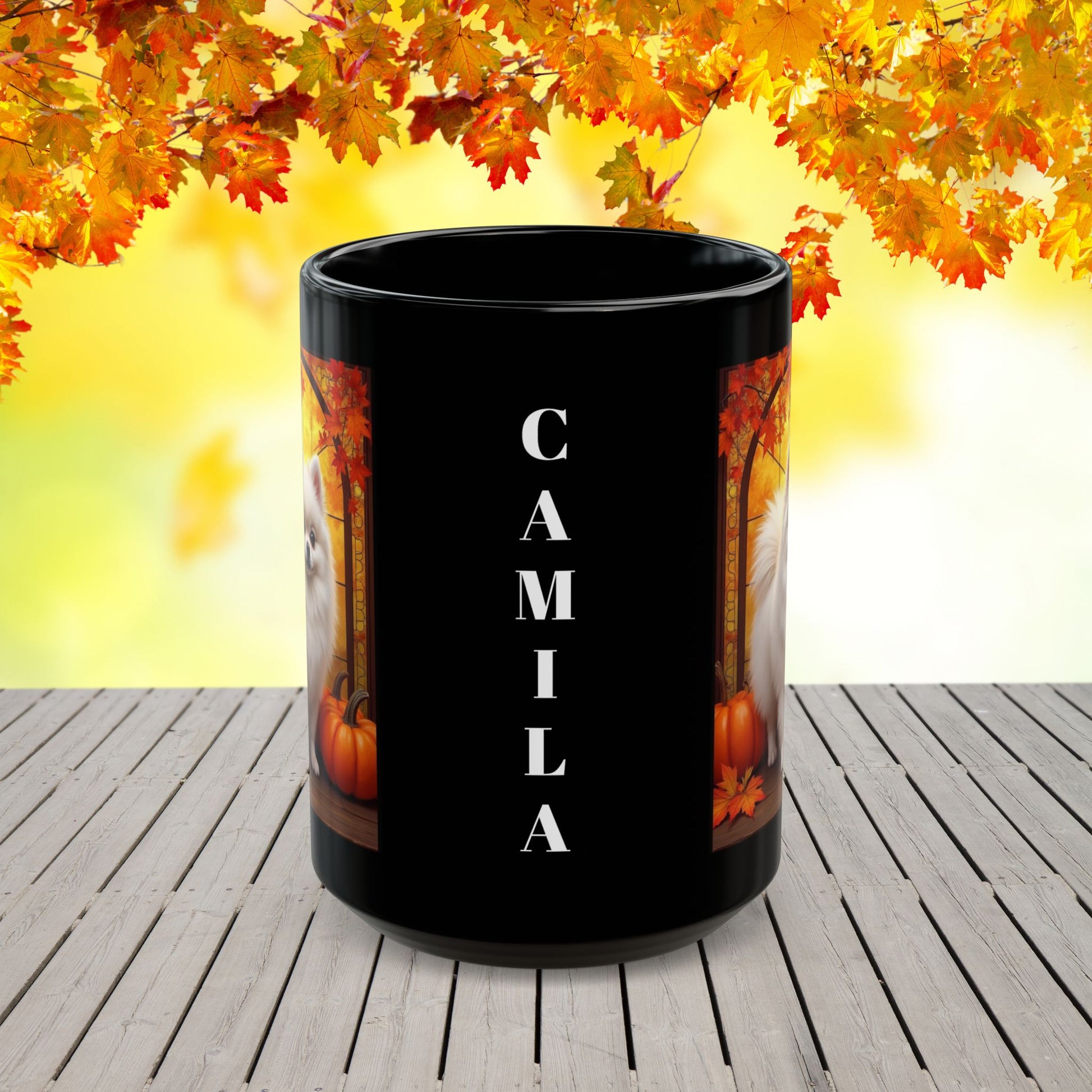 White Pomeranian personalized fall coffee mug, custom dog lover gift for cozy autumn drinks