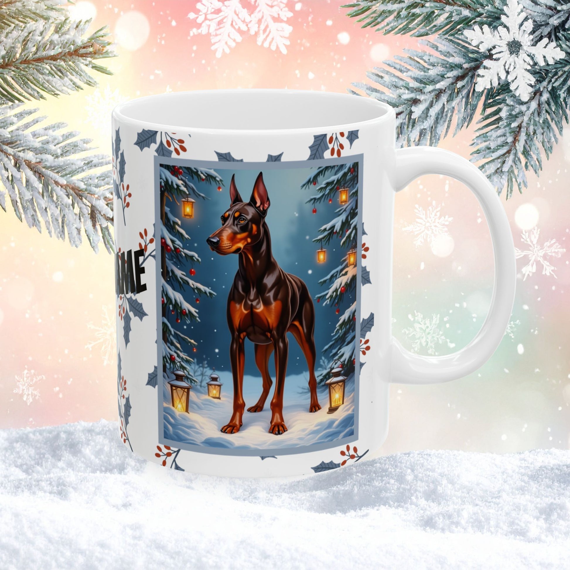 Doberman (Red & Rust) Winter Mug - red and rust Doberman artwork standing in a festive winter setting with soft snow details
