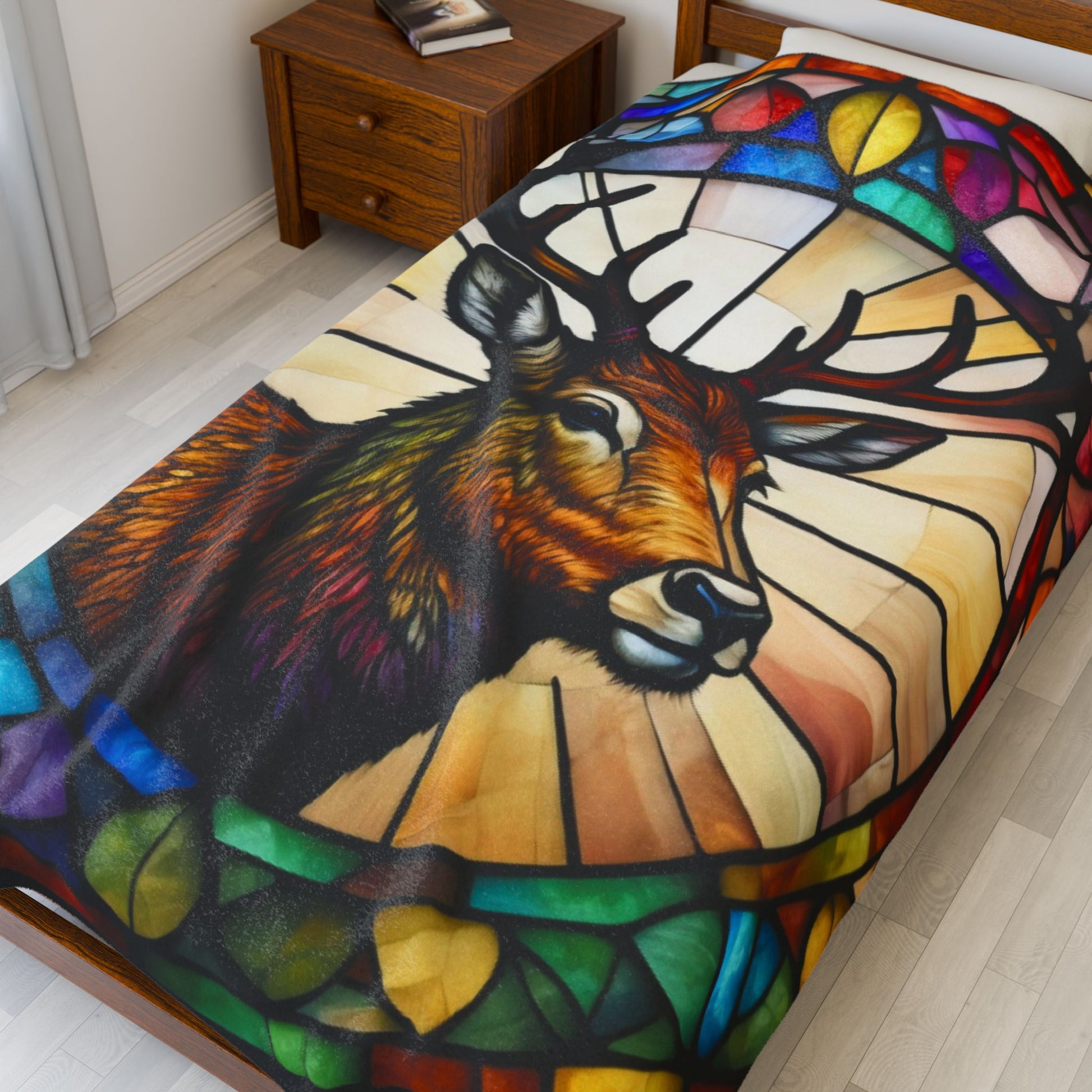 A woodland deer blanket with colorful stained glass art, perfect for cozy mindful moments.