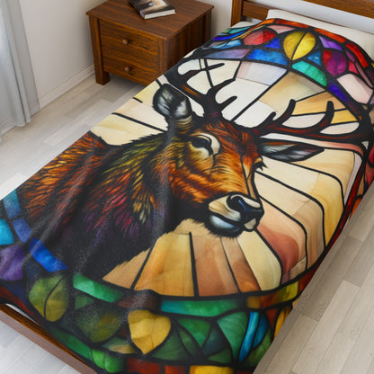 A woodland deer blanket with colorful stained glass art, perfect for cozy mindful moments.