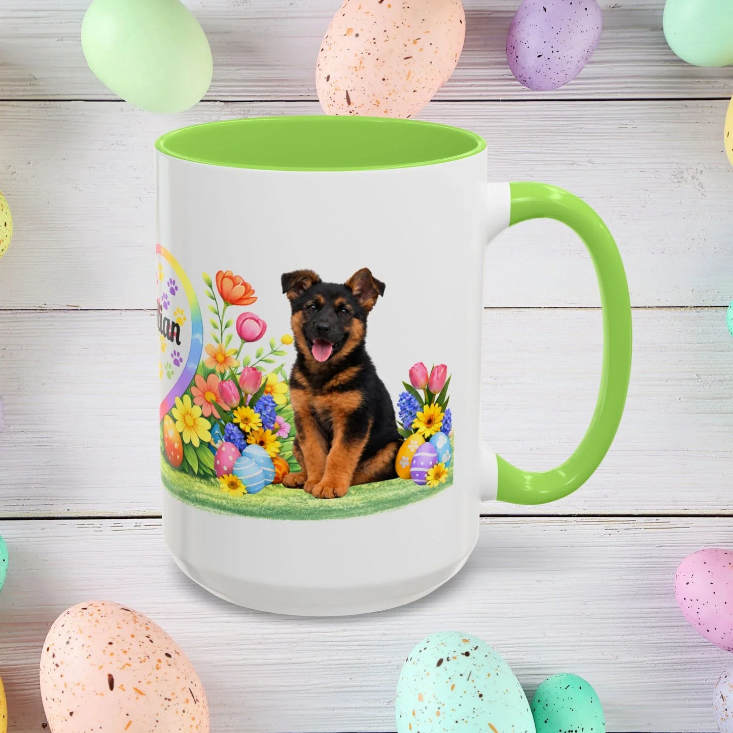 Shop our german shepherd black red puppy easter mug featuring the 15oz style option from MySisterIsASurvivor.