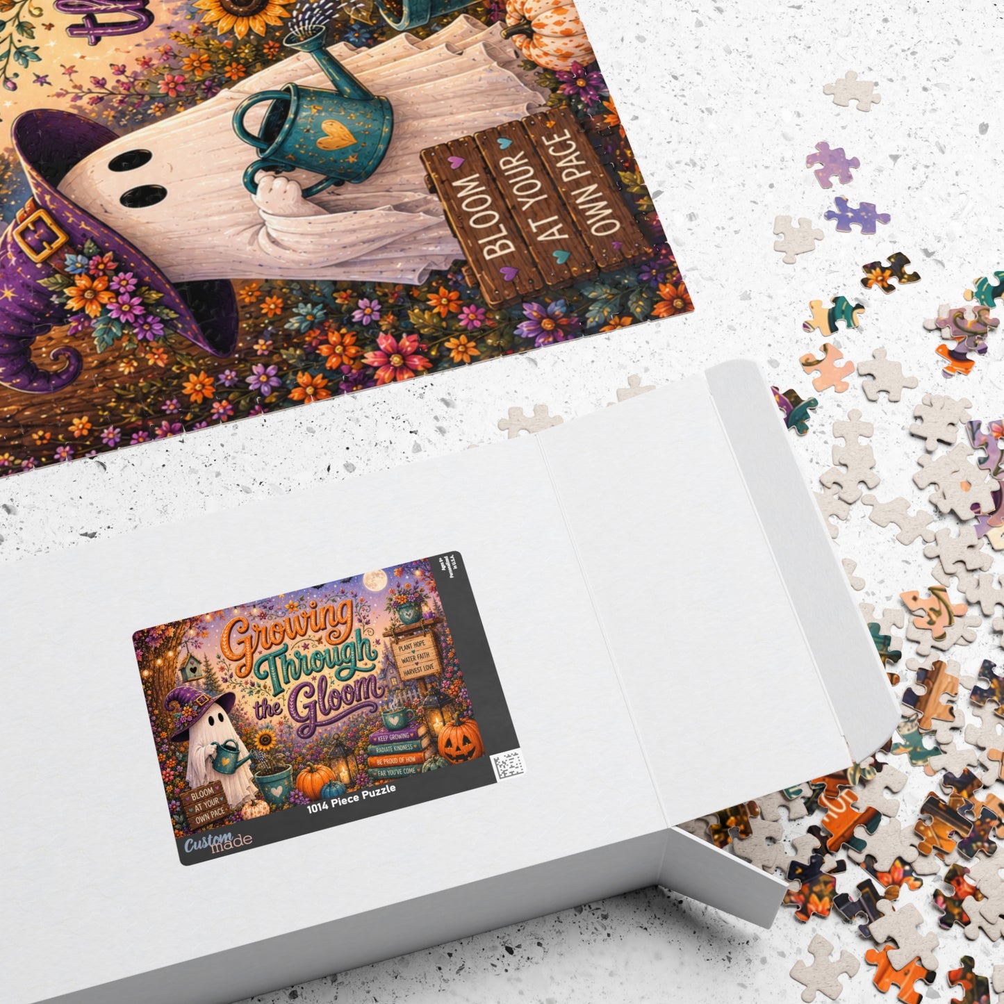 Growing Through the Gloom Halloween Puzzle - Ghost Watering Heart Plant with Bloom at Your Own Pace Sign