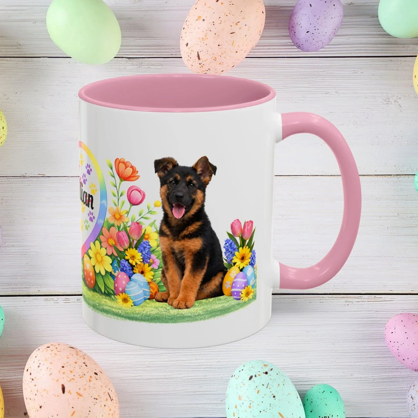 Shop our german shepherd black red puppy easter mug featuring the 11oz style option from MySisterIsASurvivor.