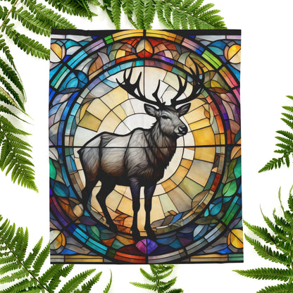 A reindeer blanket with stained glass-style art that adds warmth and festive woodland flair.