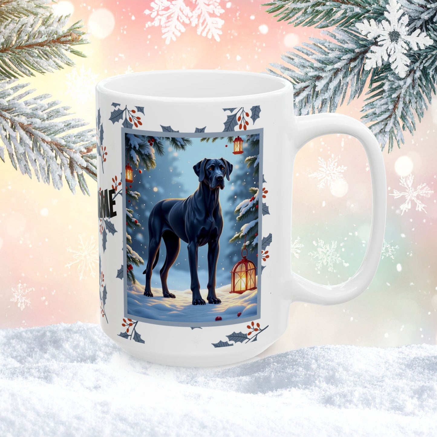 Great Dane (Blue) Winter Mug - blue Great Dane artwork standing calmly in a cozy winter scene with pine accents