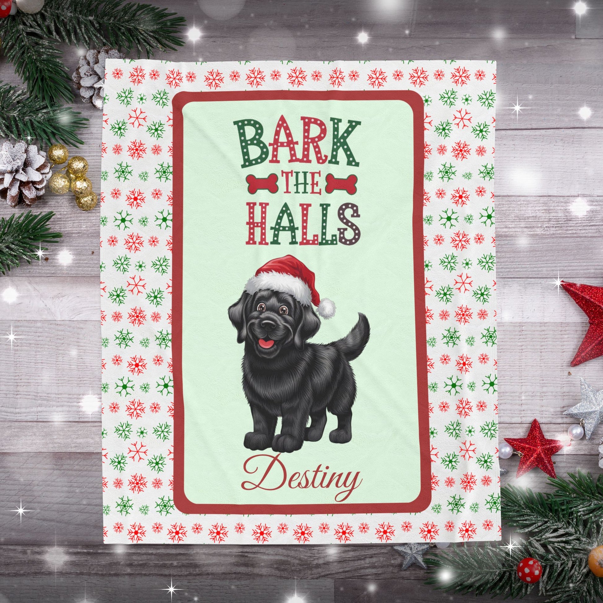 Labrador Retriever (Black) personalized velveteen blanket, cozy Bark The Halls holiday dog throw