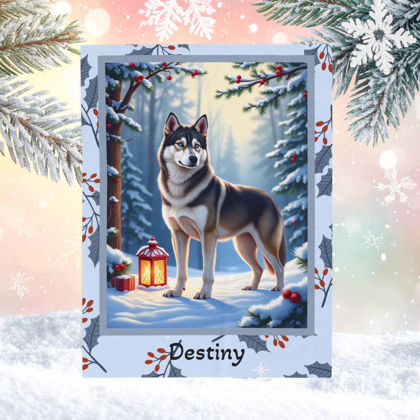 Husky Wolf Grey personalized winter throw featuring a wolf-grey Husky in a cozy illustrated lodge scene
