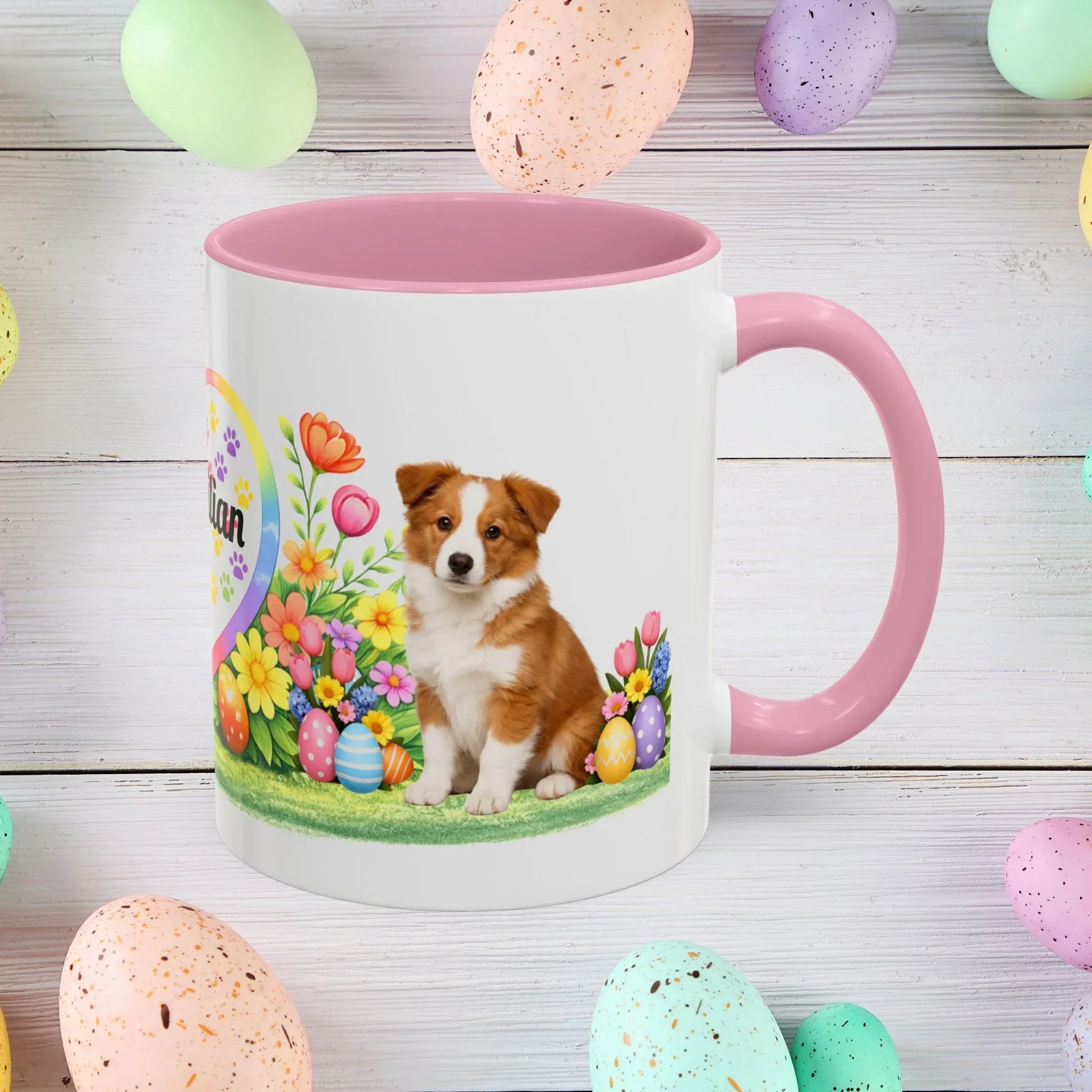 Shop our border collie red white puppy easter mug featuring the 11oz style option from MySisterIsASurvivor.