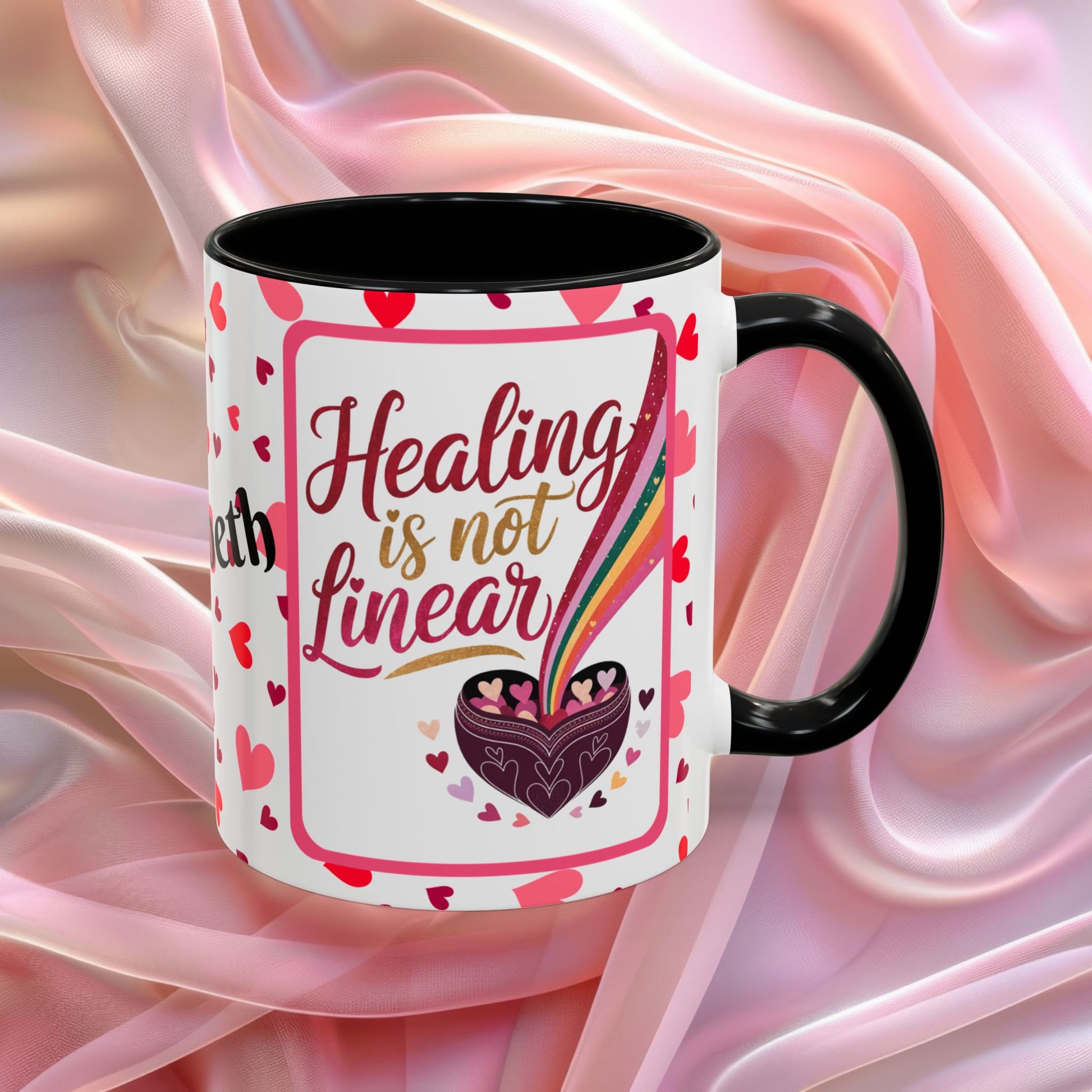 Healing Is Not Linear Valentines mug offering comfort and resilience, Valentine themed affirmation coffee cup