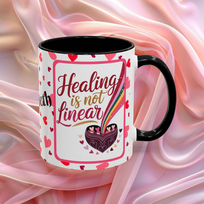 Healing Is Not Linear Valentines mug offering comfort and resilience, Valentine themed affirmation coffee cup