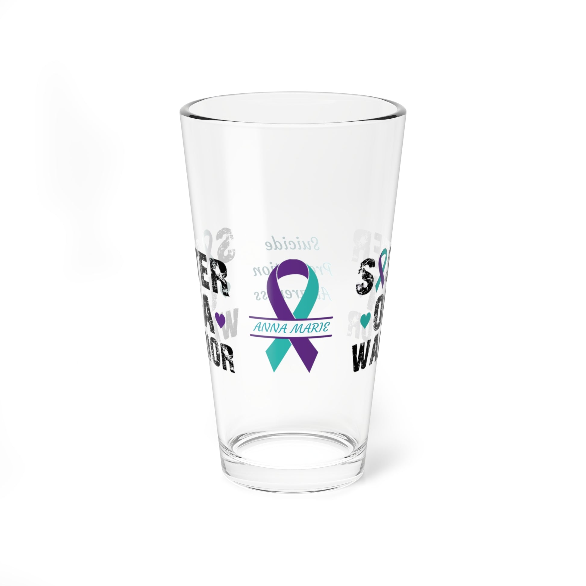 Sister of a Warrior: Personalized Suicide Prevention Awareness Warrior Pint Glass - Proud Family Member