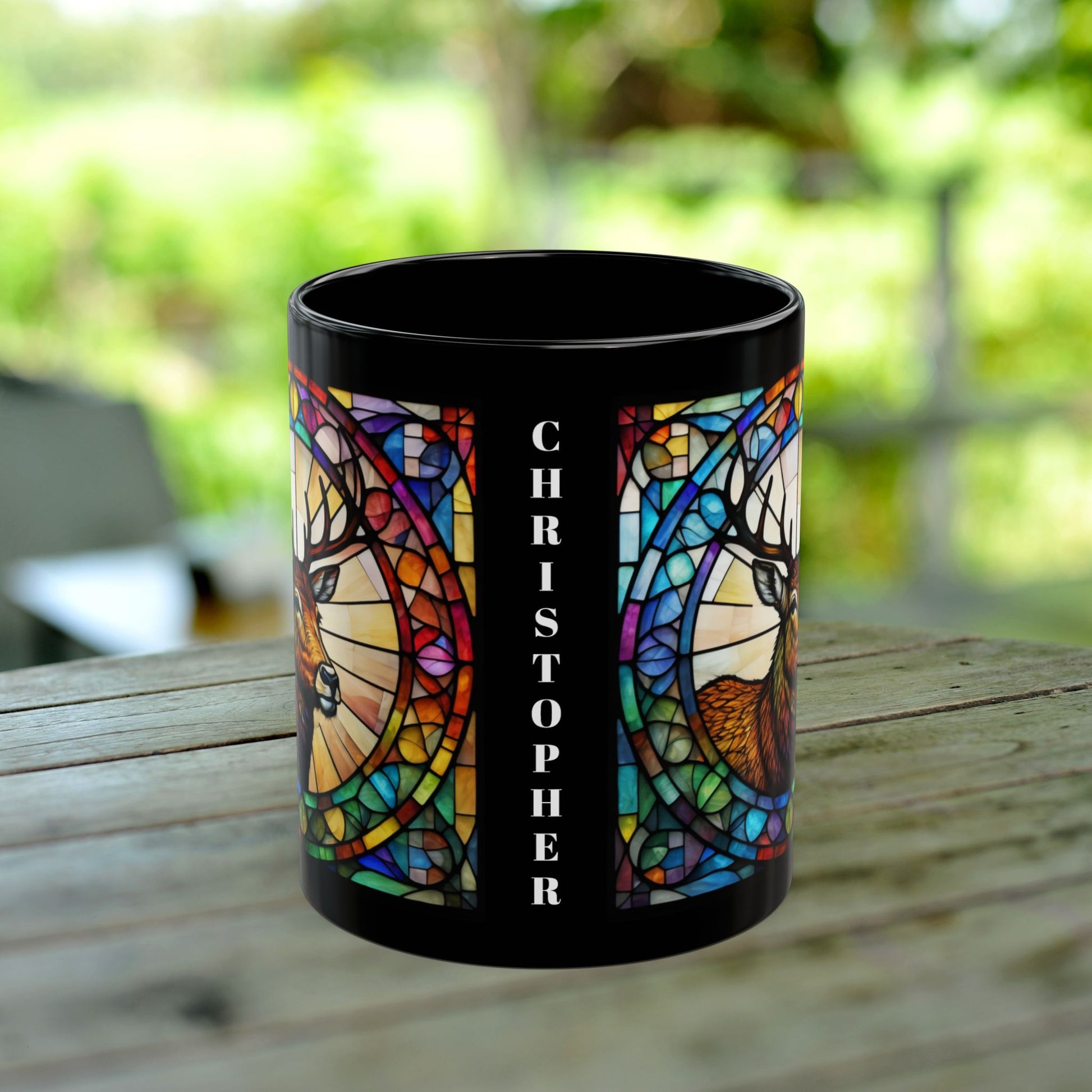 Deer personalized mug with stained glass zoo animal design, black ceramic wildlife coffee cup.