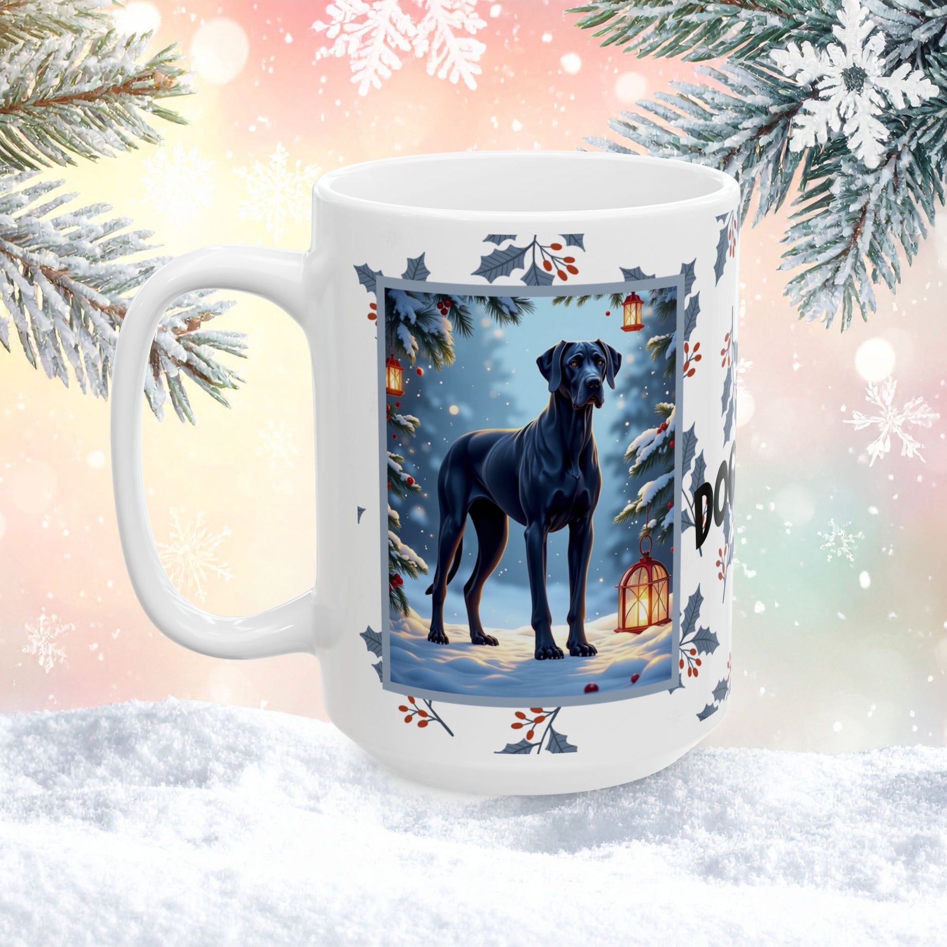 Great Dane (Blue) Winter Mug - blue Great Dane artwork standing calmly in a cozy winter scene with pine accents