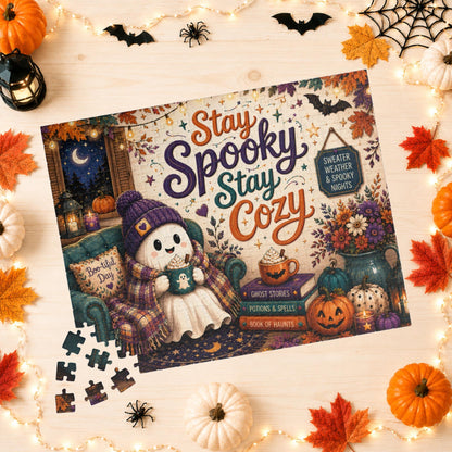 Stay Spooky Stay Cozy Halloween Puzzle - Ghost in Armchair with Boo-tiful Day Pillow and Ghost Stories Books