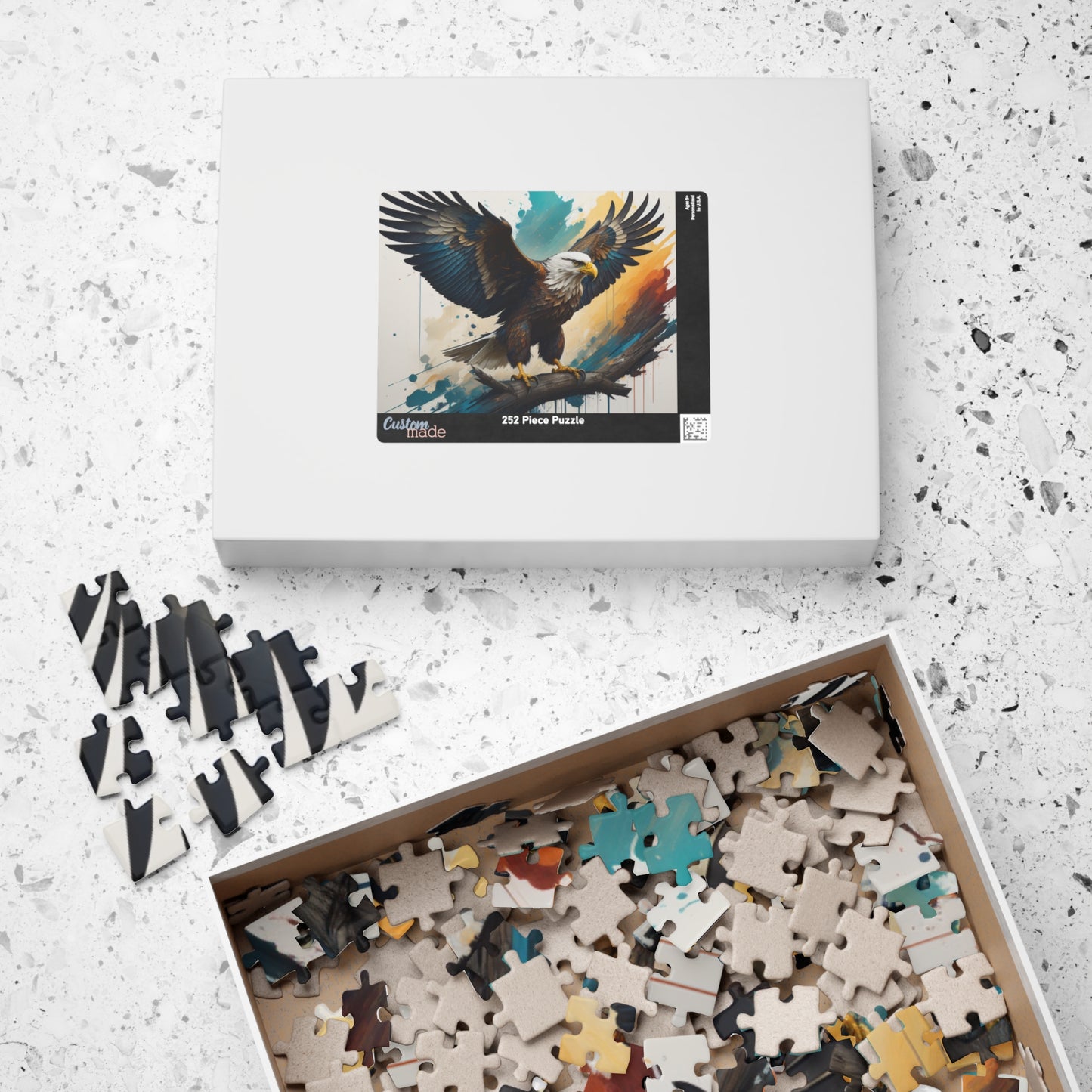 Inspirational Eagle Flight - Full-Body Bald Eagle Puzzle with Wings Spread on Watercolor Splash Background