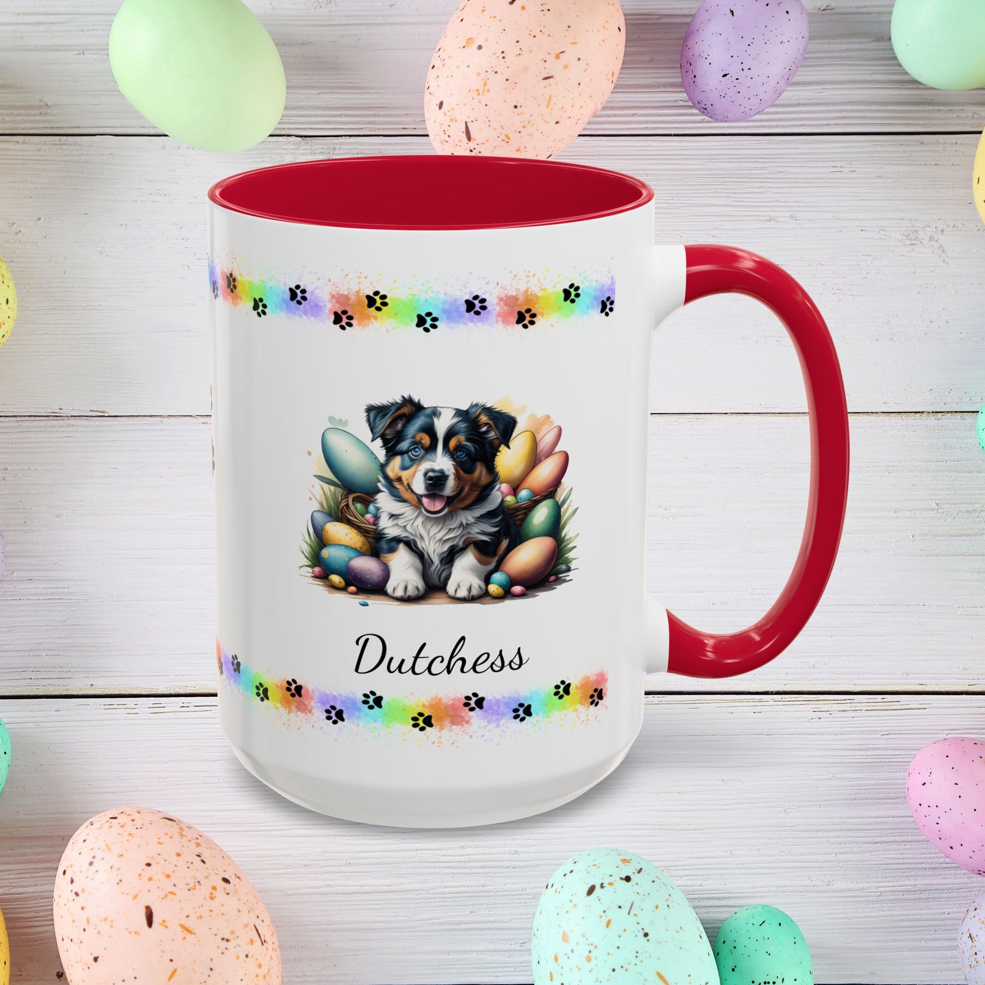 Australian Shepherd: Personalized Easter Puppy Coffee Mug - Adorable Dog Design, Mental Health Gift, 11oz & 15oz, 12 Color Choices, Easter Gifts & Décor